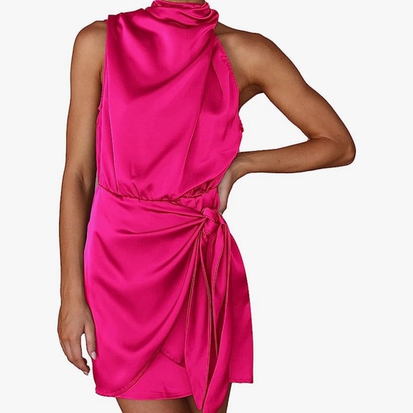 Hot Pink Satin Sleeveless Halter Top Dress - Picture 1 of 2